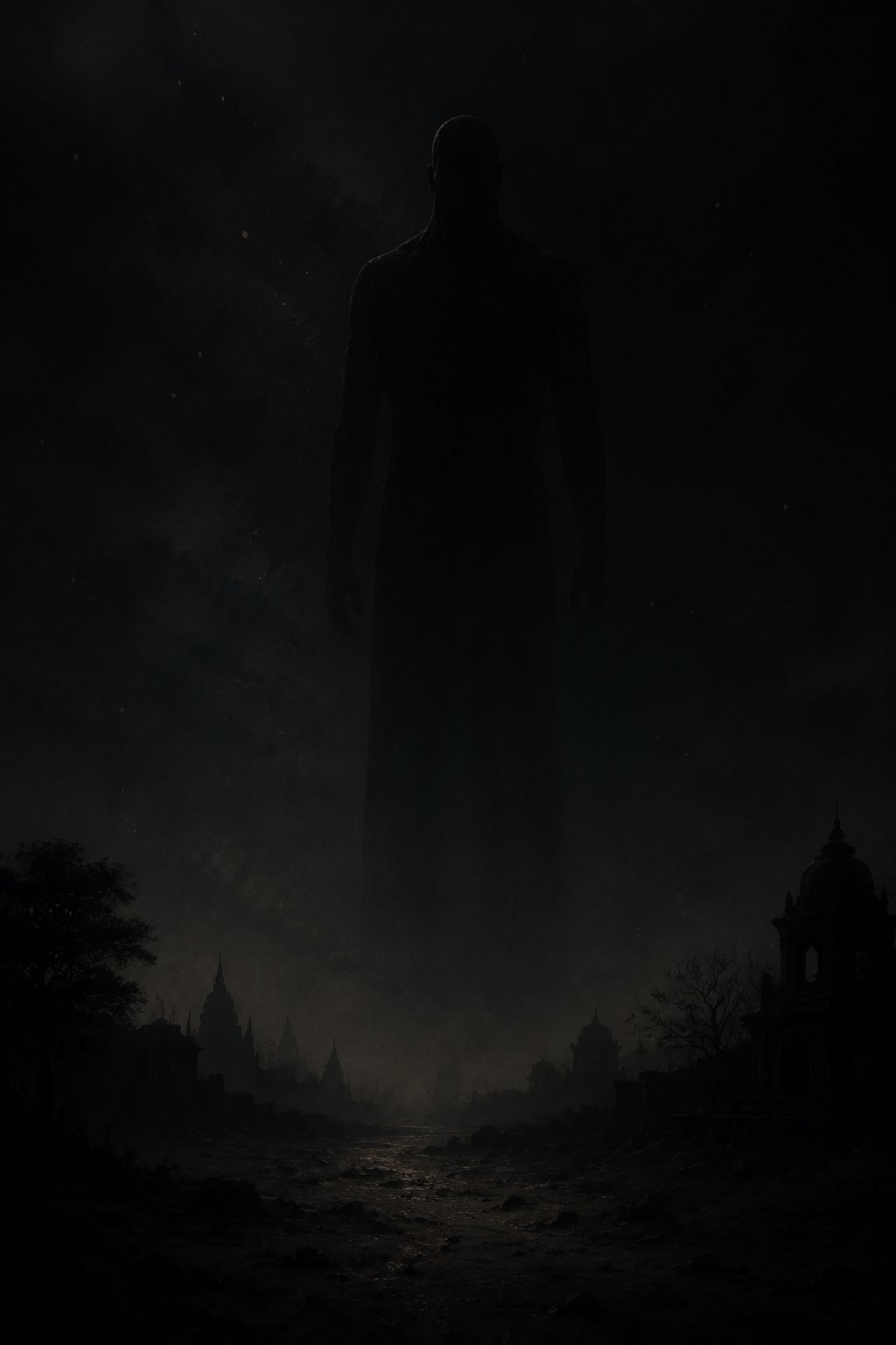 The towering silhouette of Kaal looming over a distant ruined city