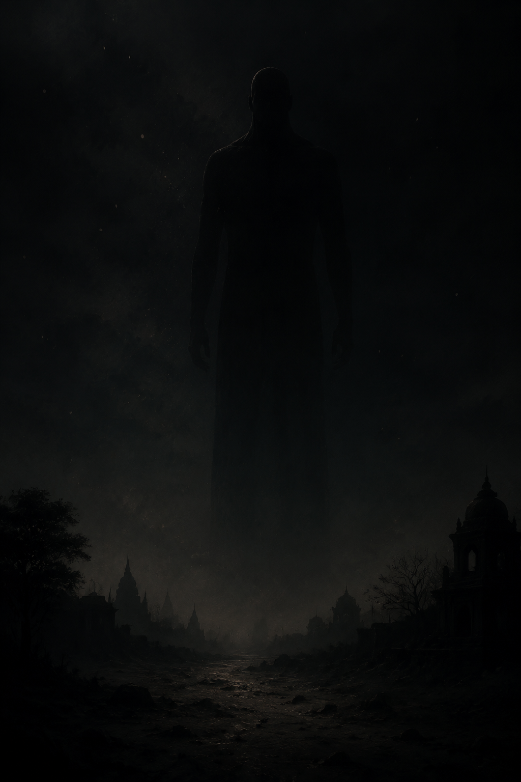 The towering silhouette of Kaal looming over a distant ruined city