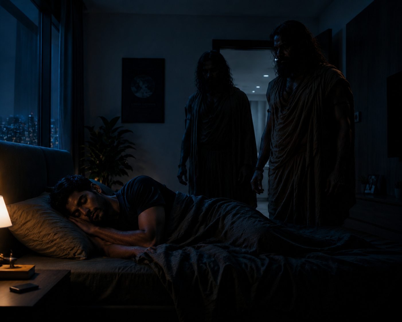 A man sleeping while two silent strangers stand in the doorway before dawn