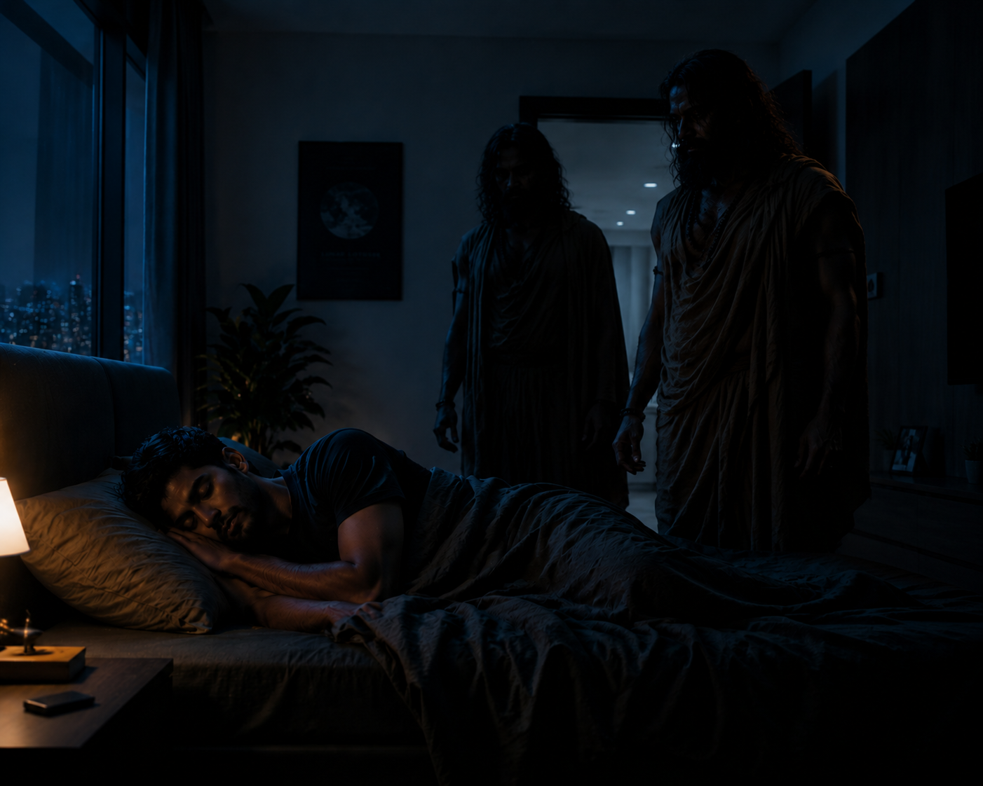 A man sleeping while two silent strangers stand in the doorway before dawn
