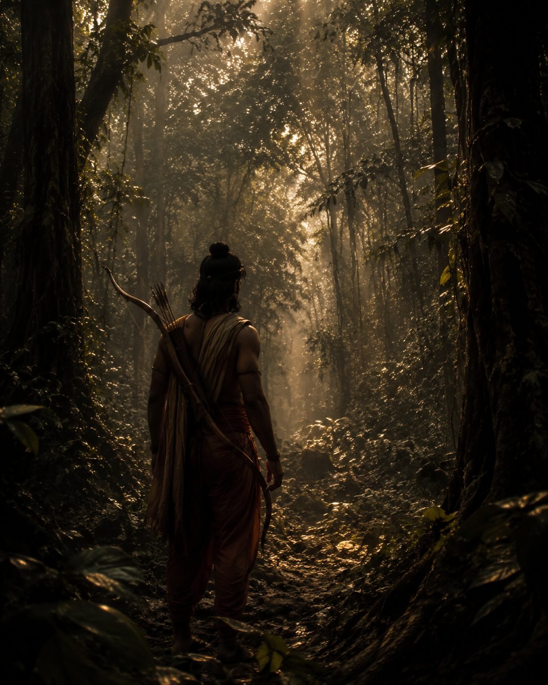 Rama standing silently in a sunlit forest, listening