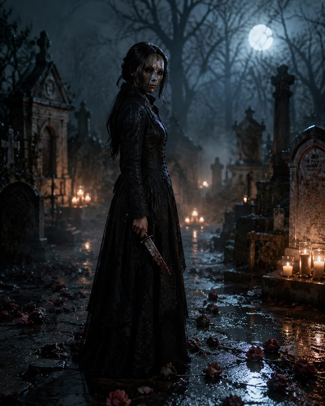 A cloaked hunter standing in candlelit shadow, a wooden mask in hand
