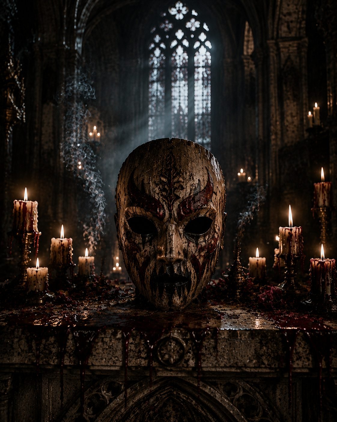 A weathered wooden mask resting in candlelight