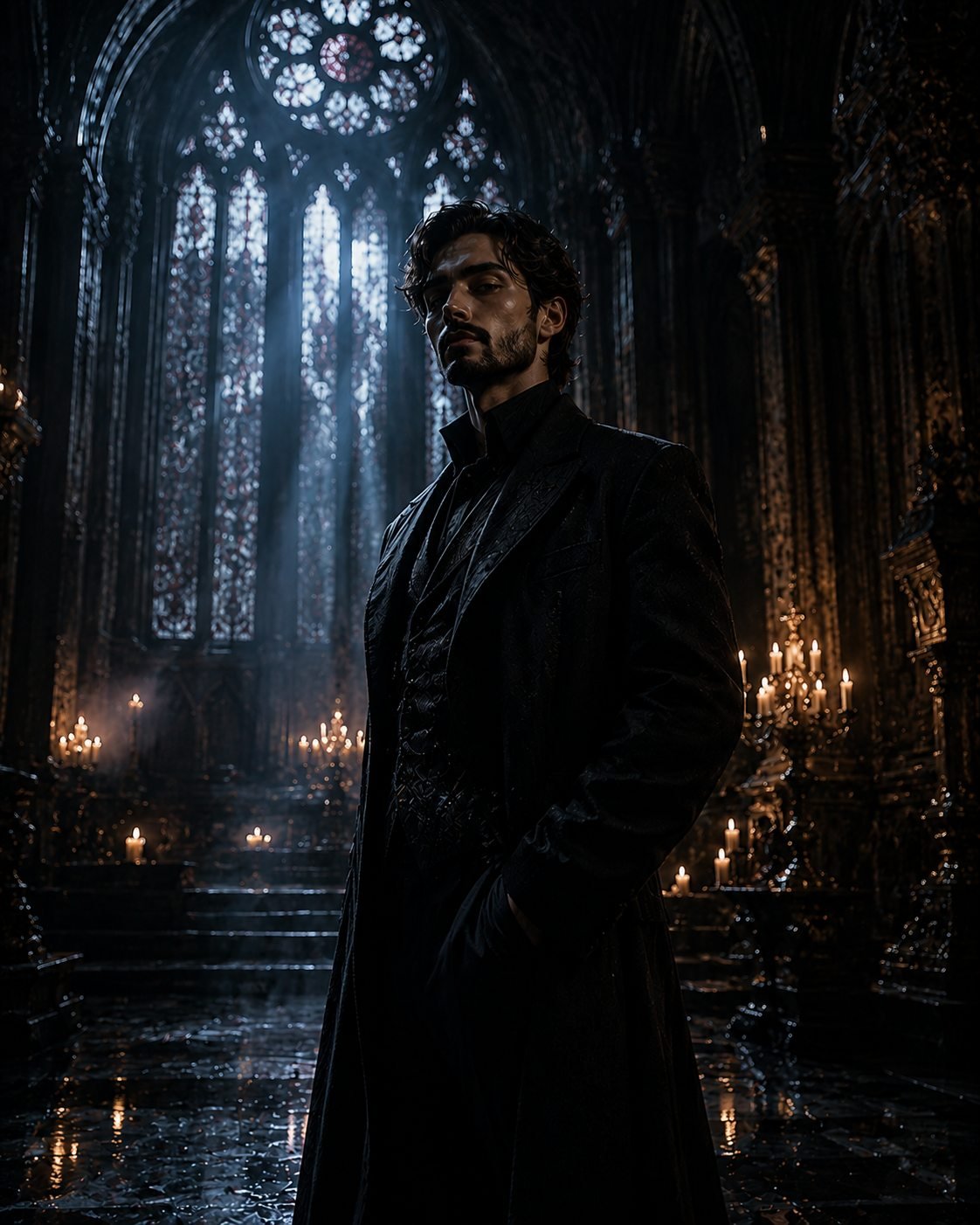 A figure standing motionless in a candlelit gothic hall, waiting