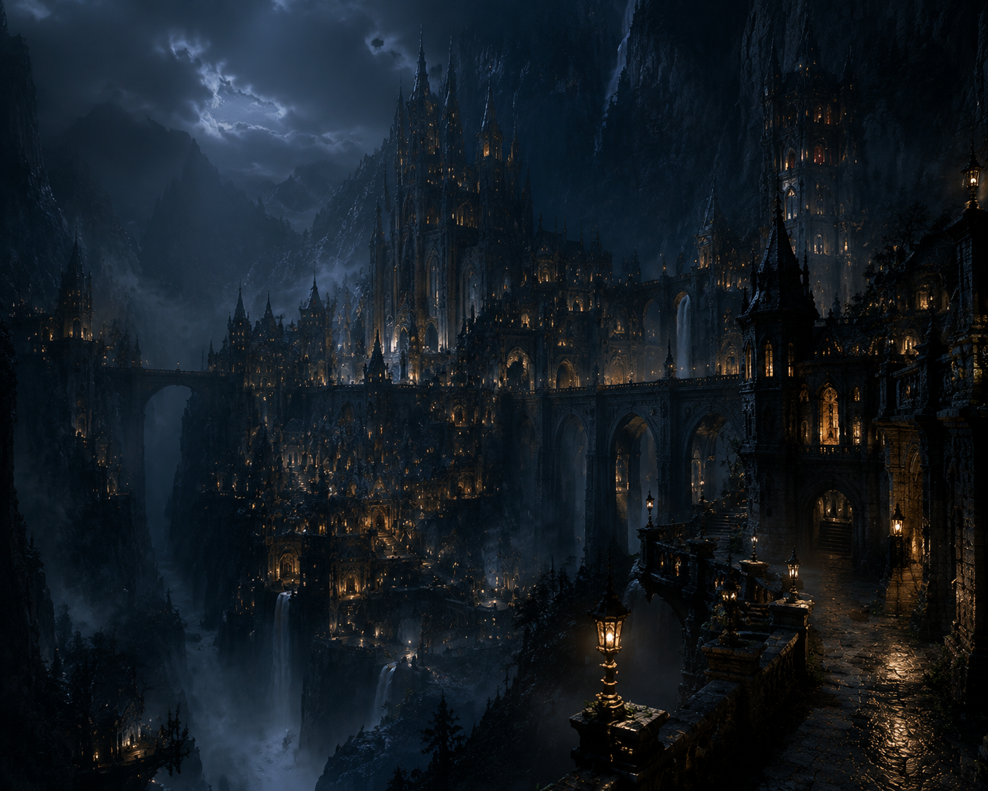 A hidden gothic kingdom concealed from the world, lit by golden light