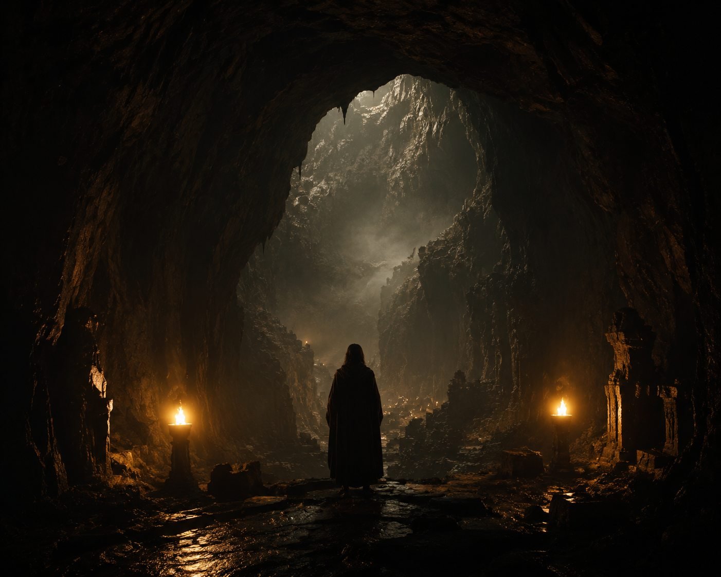 A shadowed, ancient figure standing at the mouth of a cave