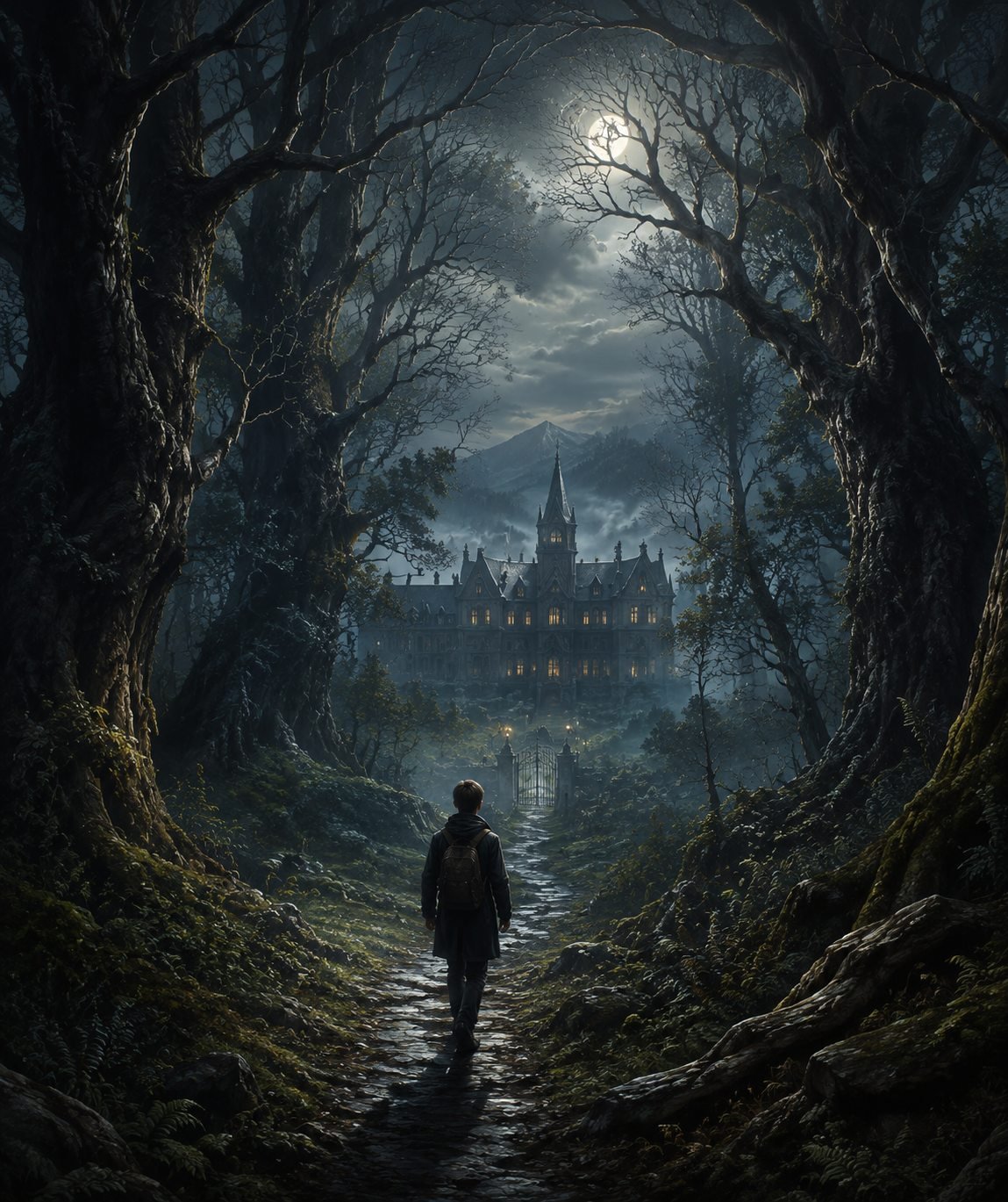 A boy walking a moonlit forest path toward a distant illuminated manor
