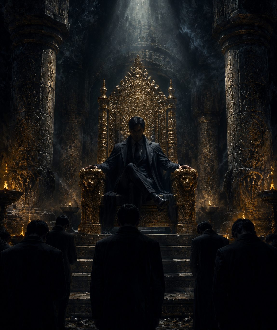 Robed figures of an ancient order gathered in the moonlit dark