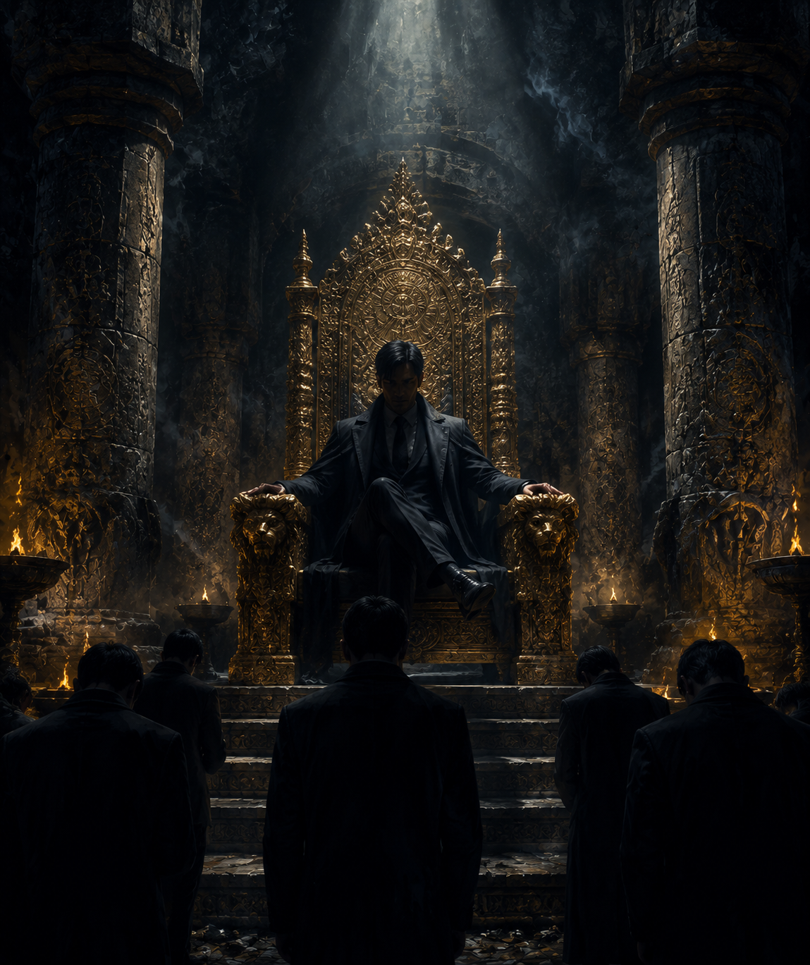 Robed figures of an ancient order gathered in the moonlit dark