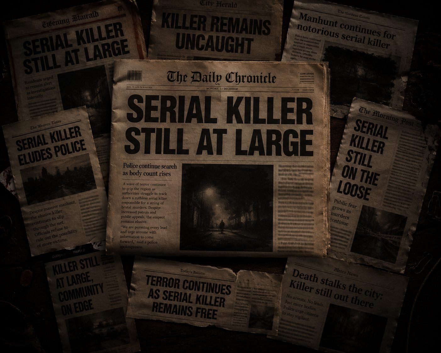 Newspaper front page reporting a serial killer at large in the region
