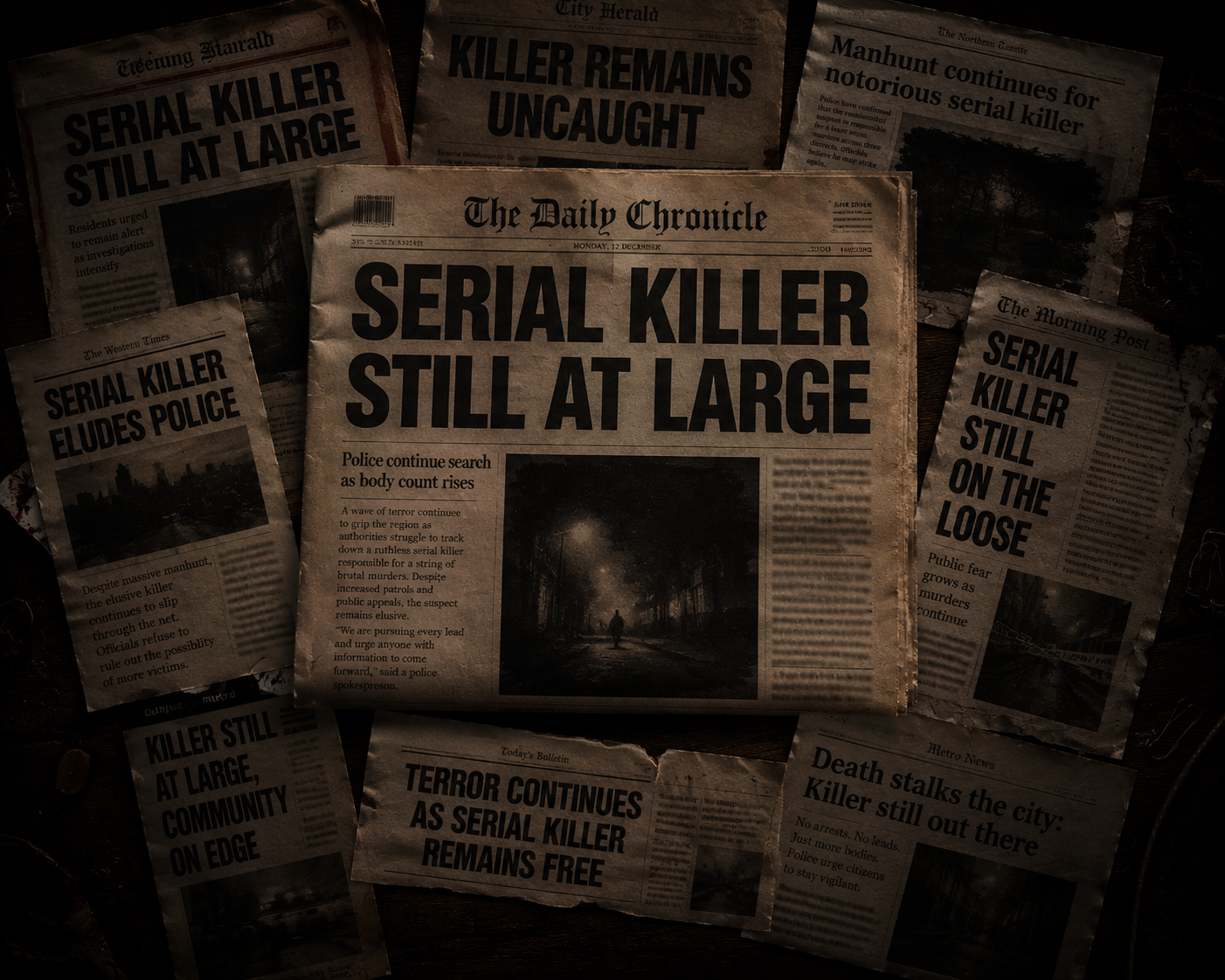 Newspaper front page reporting a serial killer at large in the region