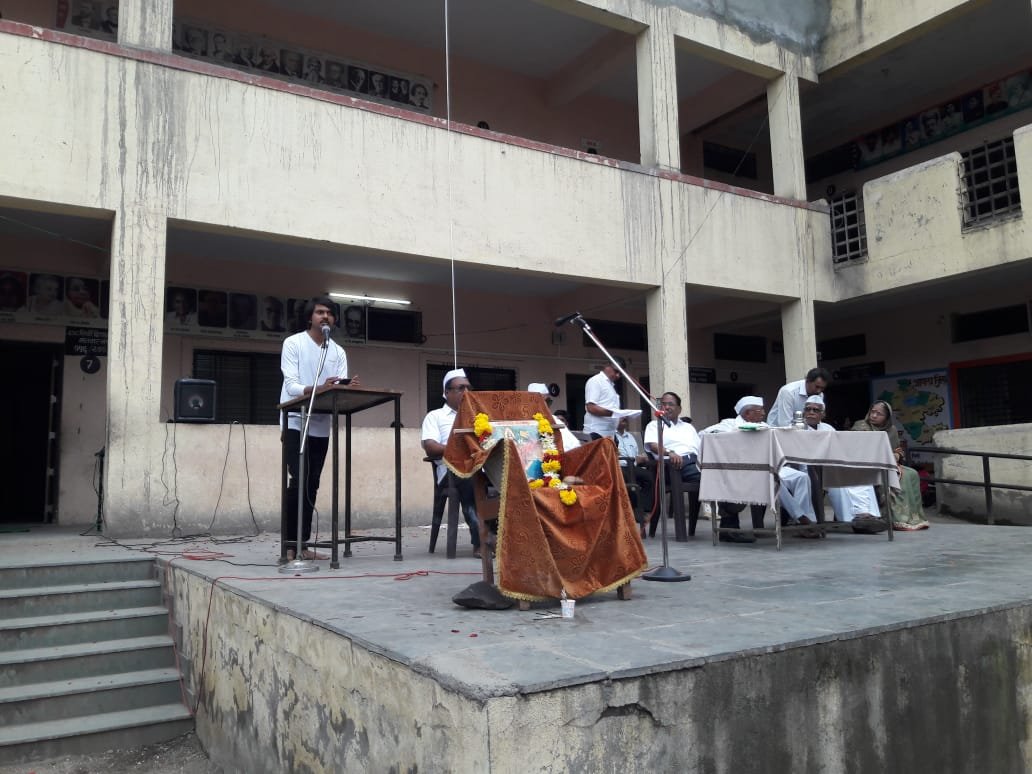 Darshan Desale speaking at the podium during the school's Independence Day programme, August 2019