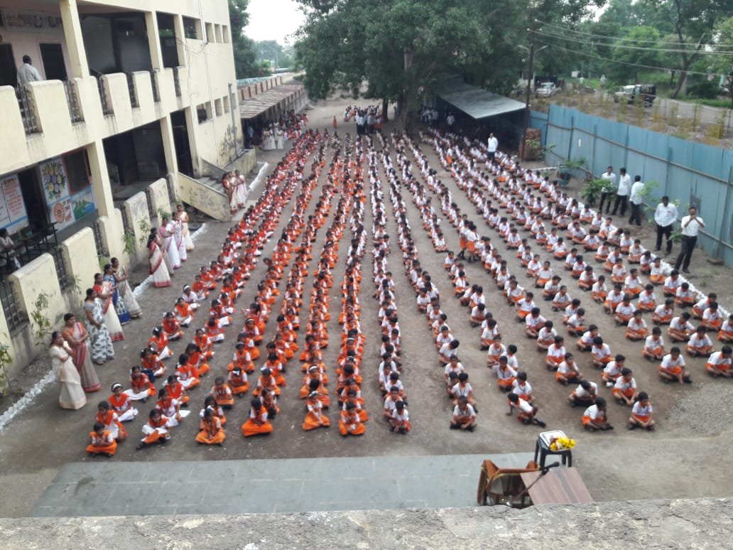 Students gathered in the school courtyard for the Independence Day programme, August 2019