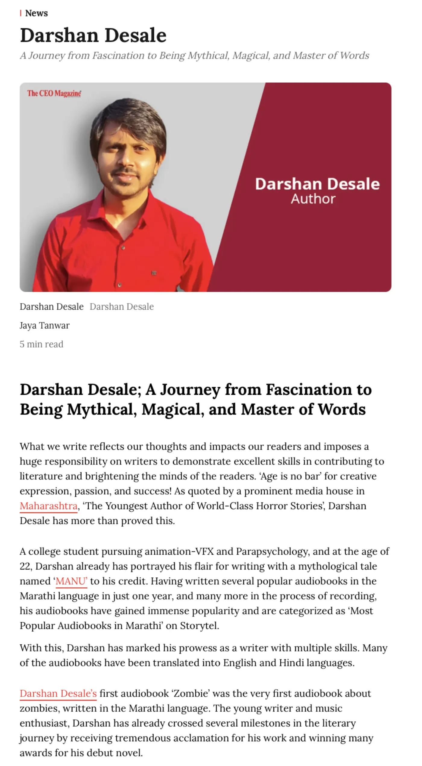 The CEO Magazine feature on Darshan Desale
