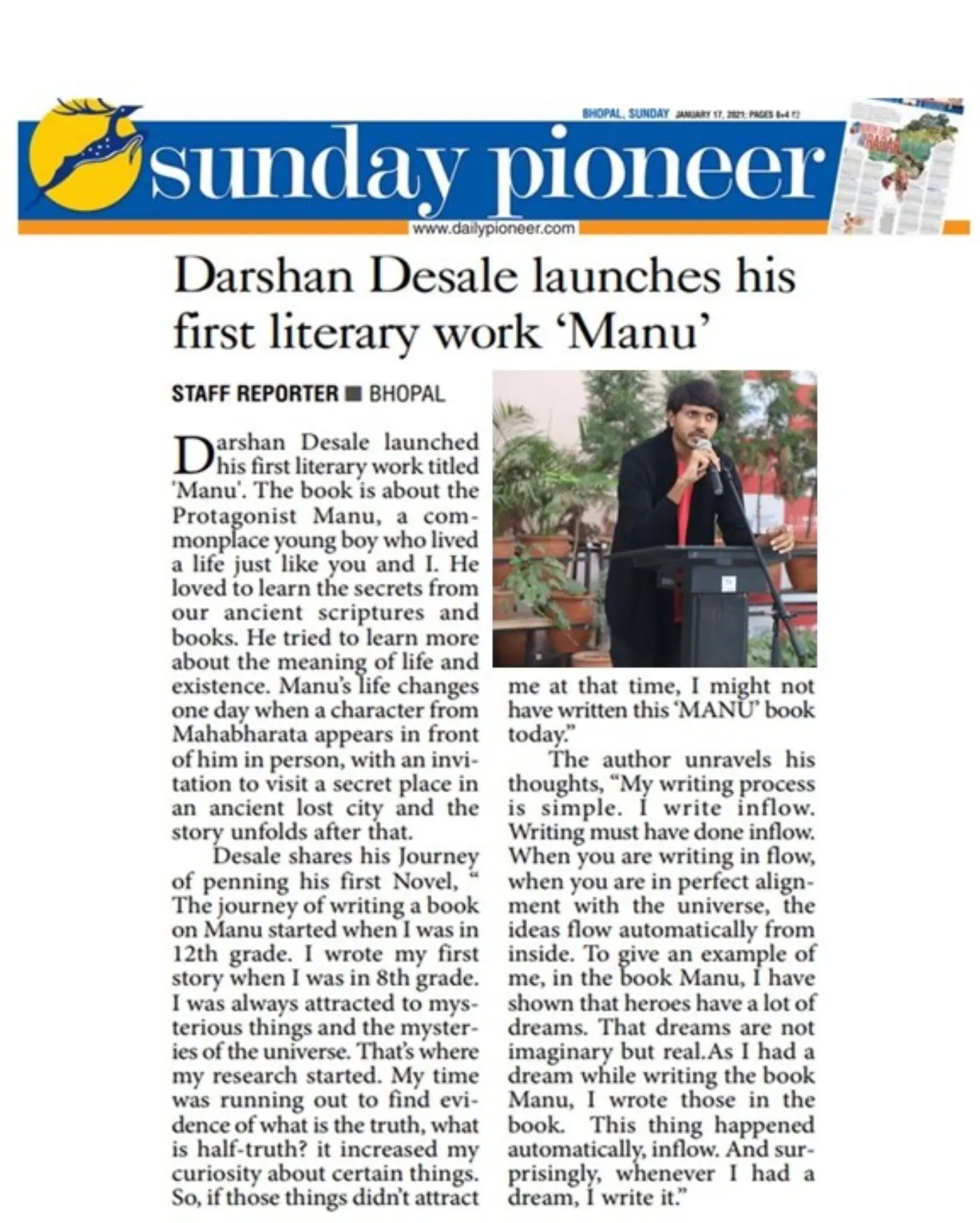 Sunday Pioneer, Bhopal edition, January 2021 — Darshan Desale launches Manu