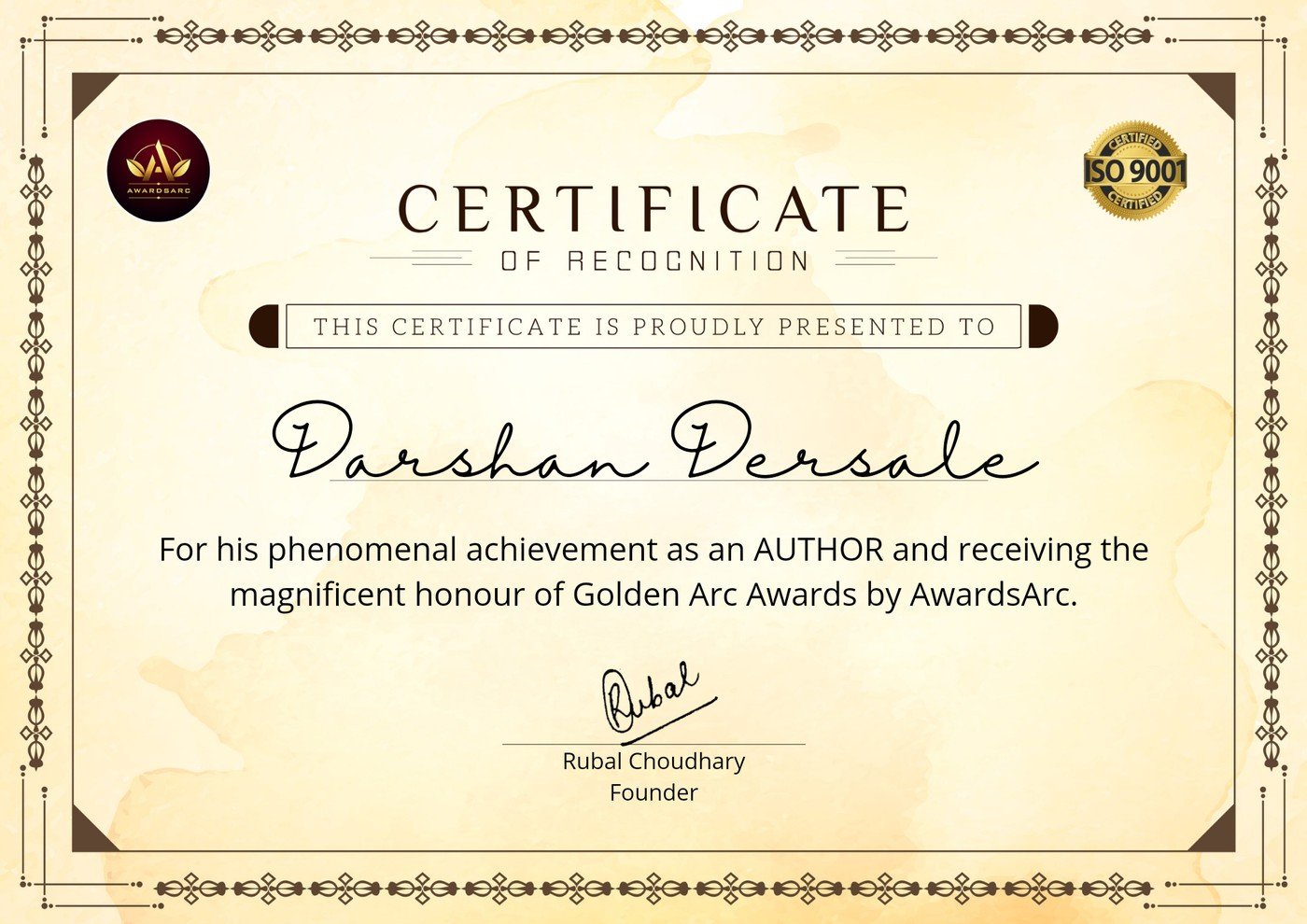 Certificate of Recognition from AwardsArc — Golden Arc Awards
