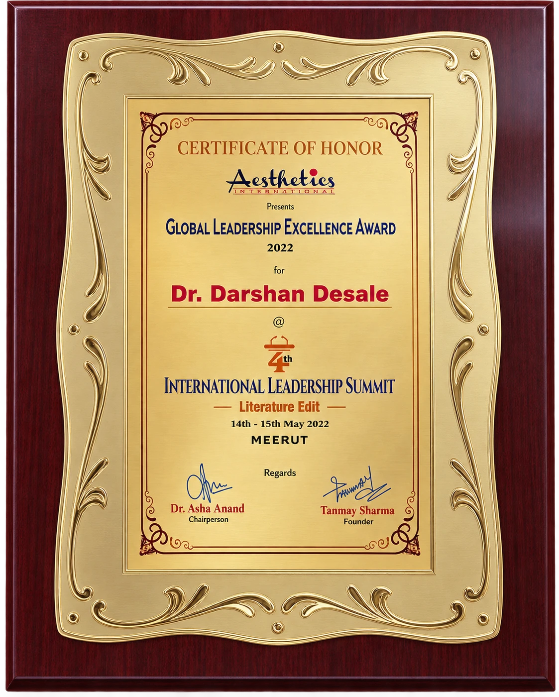 Global Leadership Excellence Award plaque, International Leadership Summit