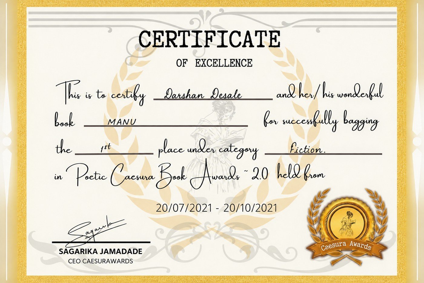 Certificate of Excellence, Poetic Caesura Book Awards, first place for Manu